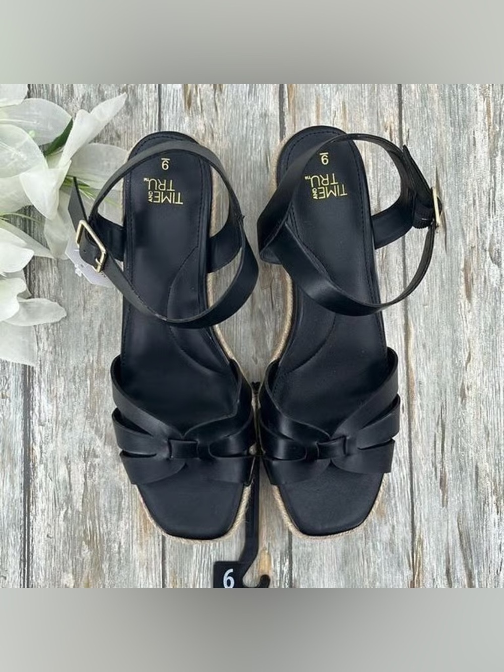 Time and Tru Black Ankle Strap Bow Sandals
